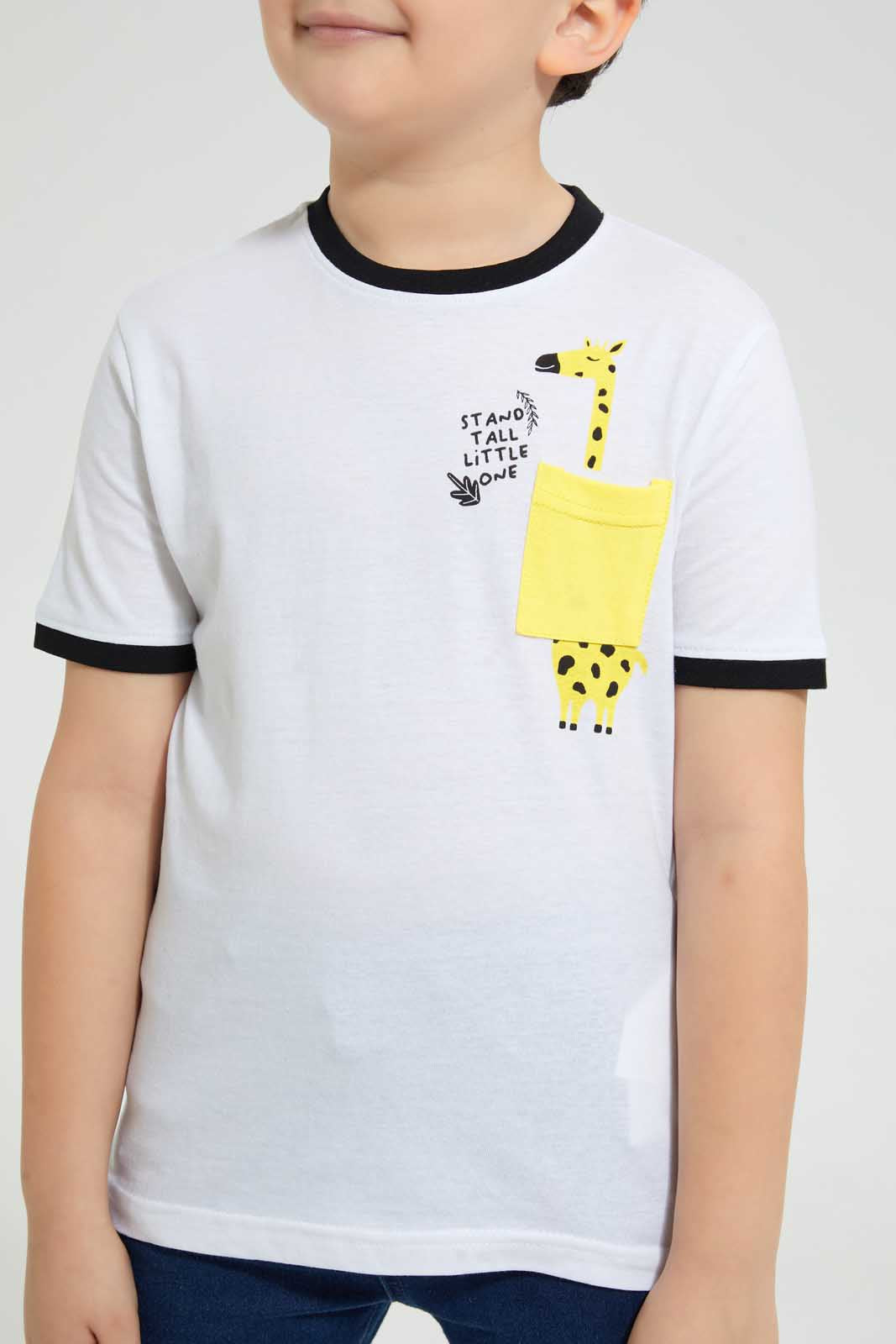 Redtag-White-Giraffe-Pocket-T-Shirt-Graphic-T-Shirts-Boys-2 to 8 Years