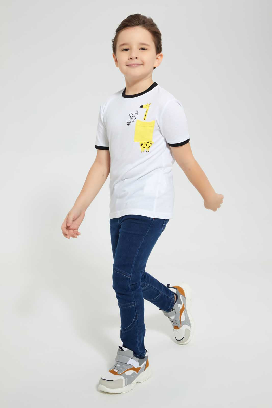 Redtag-White-Giraffe-Pocket-T-Shirt-Graphic-T-Shirts-Boys-2 to 8 Years