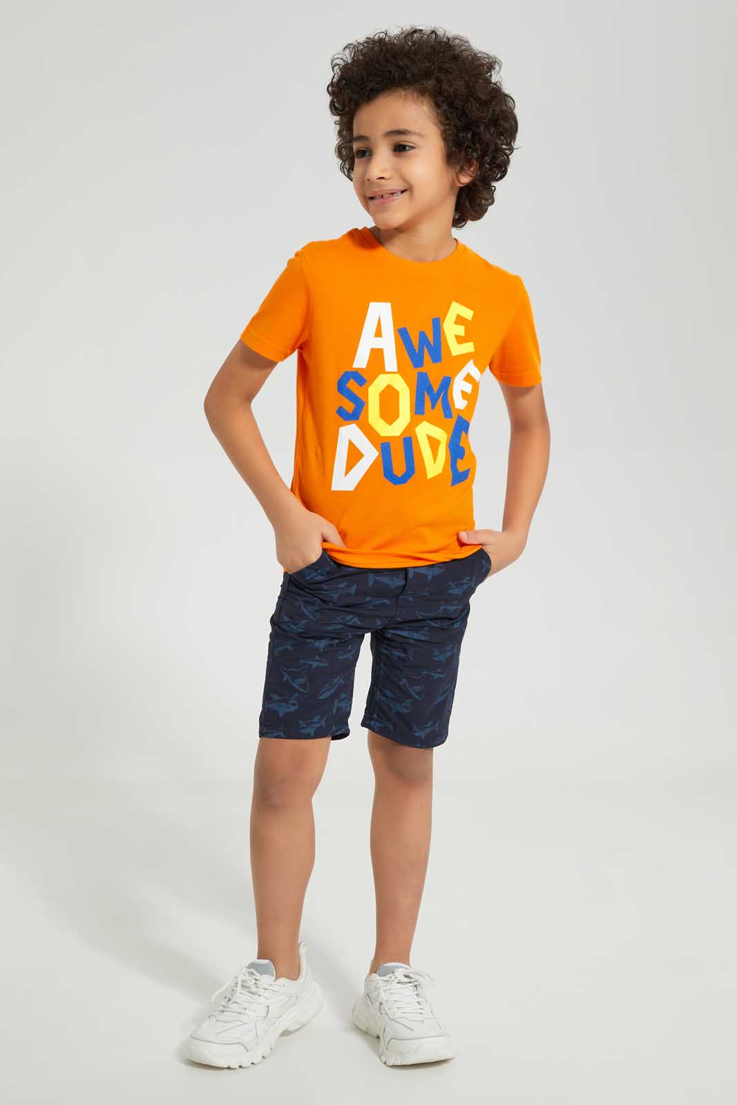 Redtag-Orange-Aewsome-Print-T-Shirt-Graphic-T-Shirts-Boys-2 to 8 Years