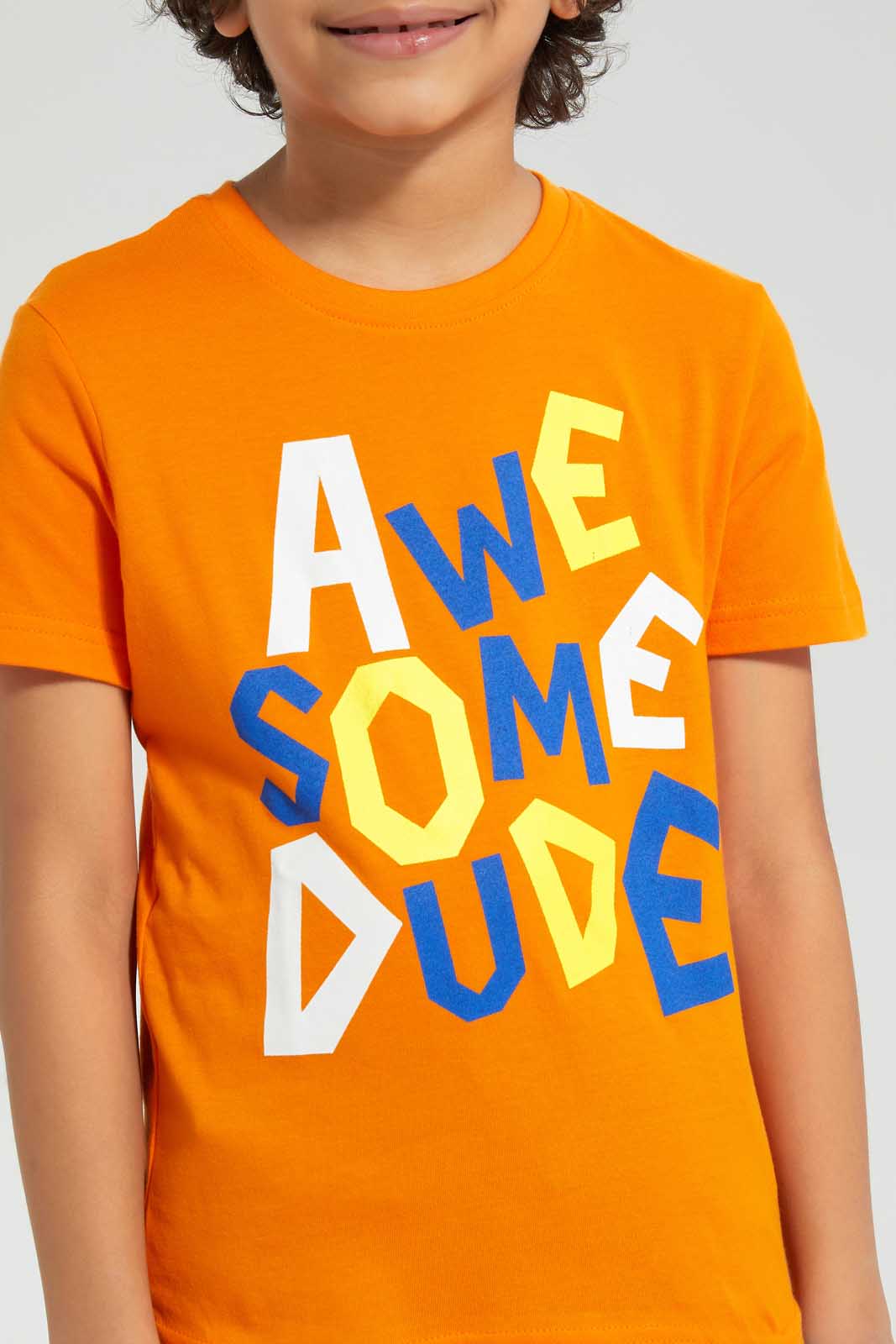 Redtag-Orange-Aewsome-Print-T-Shirt-Graphic-T-Shirts-Boys-2 to 8 Years