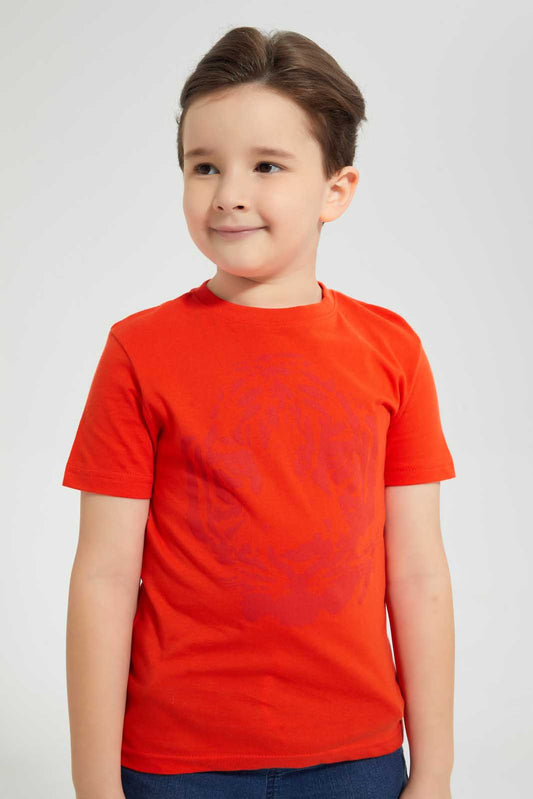 Redtag-Orange-Ss-Lion-Graphic-T-Shirt-Graphic-T-Shirts-Boys-2 to 8 Years