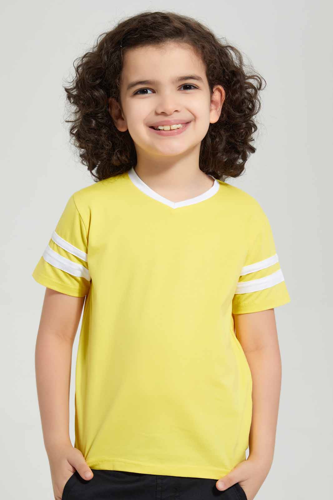 Redtag-2Pk-Grey-And-Yellow-V-Neck-T-Shirt-V-Neck-T-Shirts-Boys-2 to 8 Years