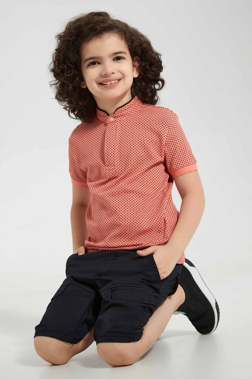 Redtag-Pink-Triangle-Print-Collar-Stand-Polo-Polo-Shirts-Boys-2 to 8 Years