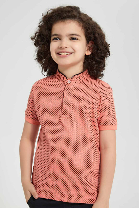 Redtag-Pink-Triangle-Print-Collar-Stand-Polo-Polo-Shirts-Boys-2 to 8 Years