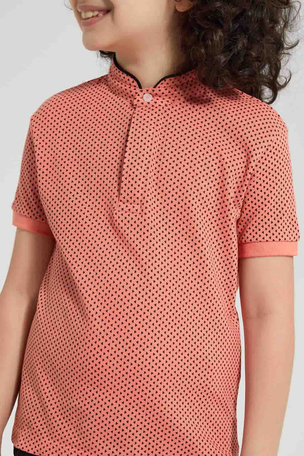 Redtag-Pink-Triangle-Print-Collar-Stand-Polo-Polo-Shirts-Boys-2 to 8 Years