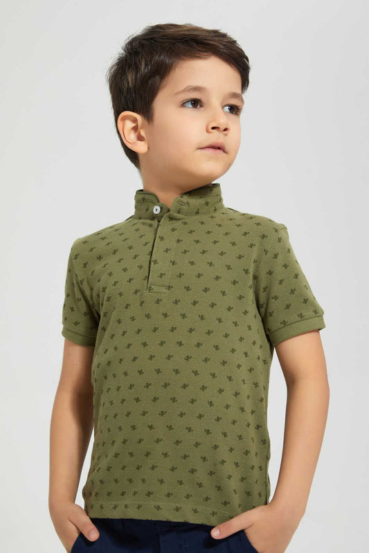 Redtag-Dark-Green-Cactus-Print-Collar-Stand-Polo-Polo-Shirts-Boys-2 to 8 Years
