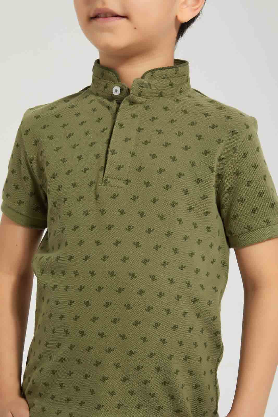 Redtag-Dark-Green-Cactus-Print-Collar-Stand-Polo-Polo-Shirts-Boys-2 to 8 Years