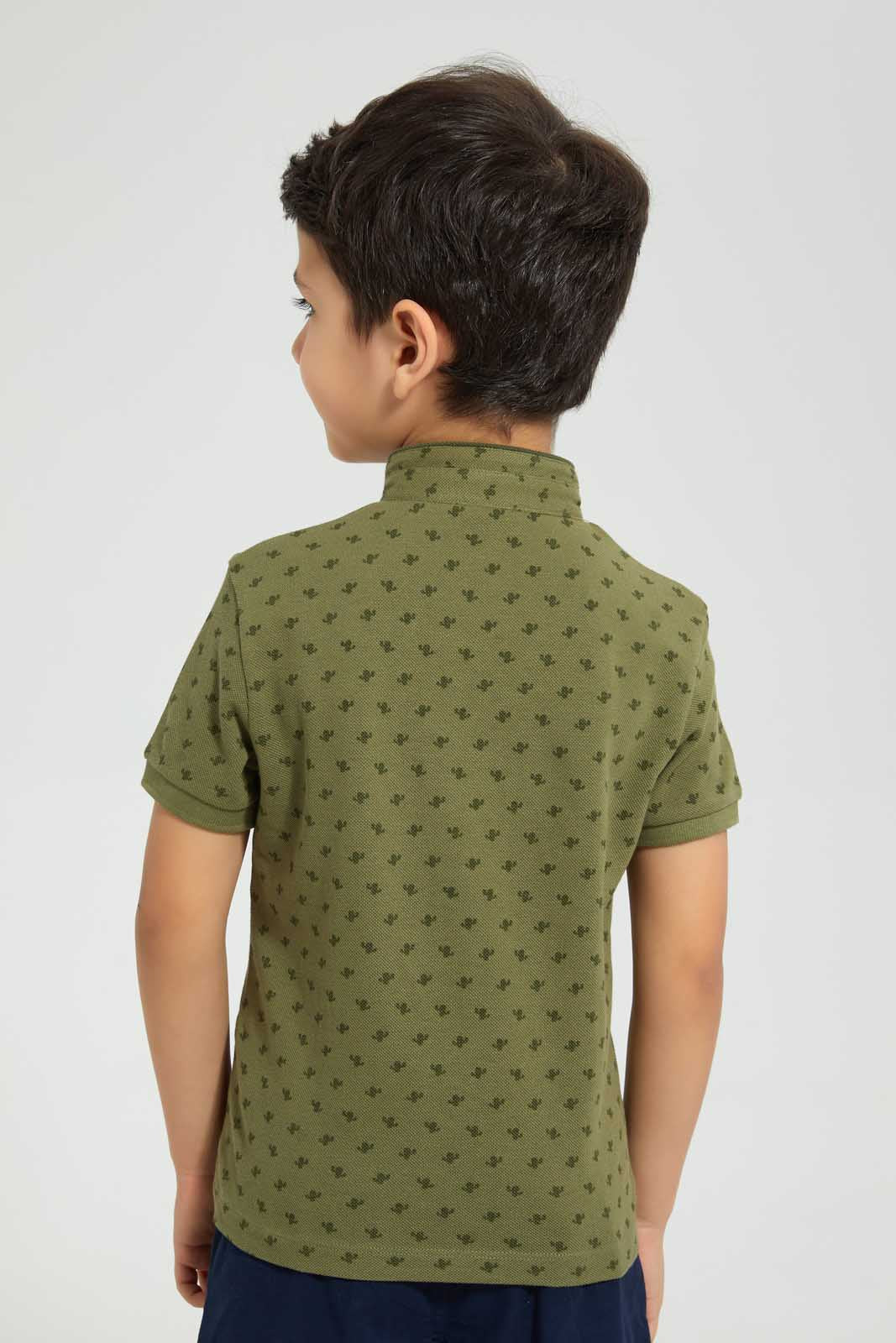 Redtag-Dark-Green-Cactus-Print-Collar-Stand-Polo-Polo-Shirts-Boys-2 to 8 Years