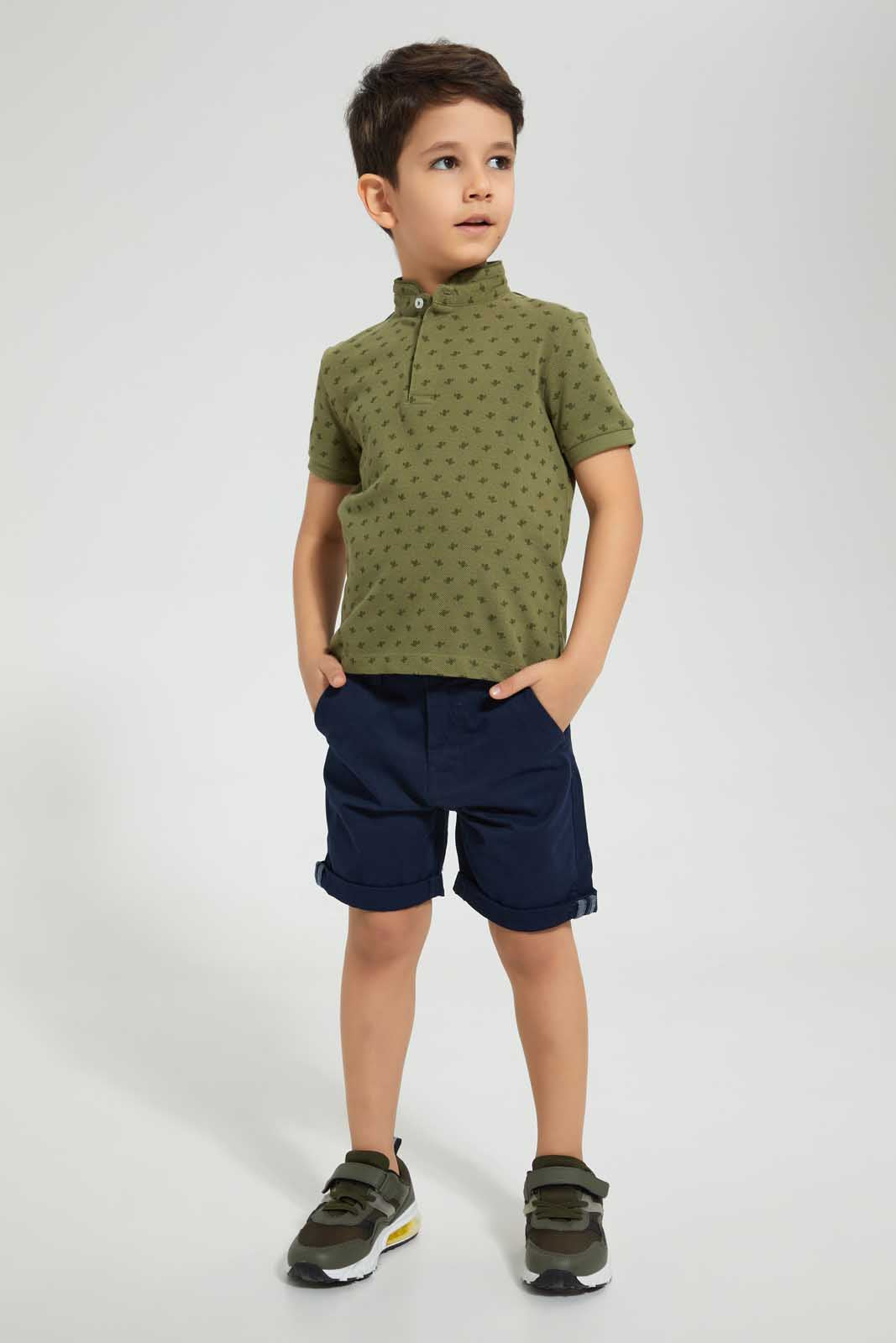Redtag-Dark-Green-Cactus-Print-Collar-Stand-Polo-Polo-Shirts-Boys-2 to 8 Years