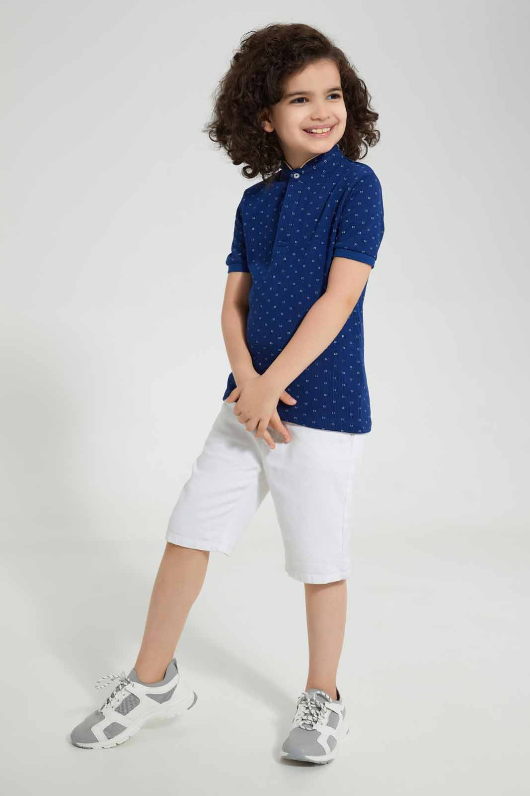 Redtag-Navy-Print-Collar-Stand-Polo-Polo-Shirts-Boys-2 to 8 Years