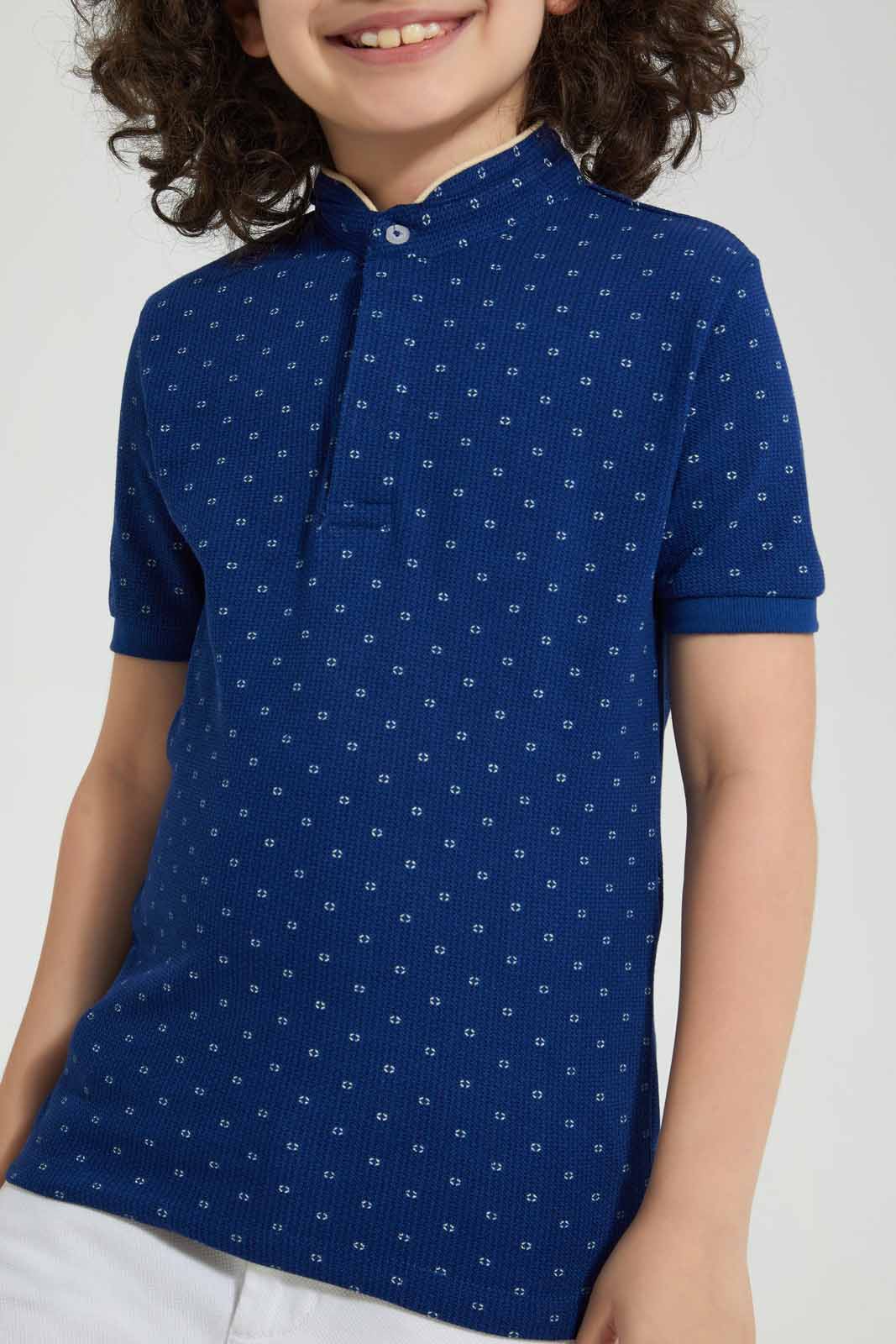 Redtag-Navy-Print-Collar-Stand-Polo-Polo-Shirts-Boys-2 to 8 Years
