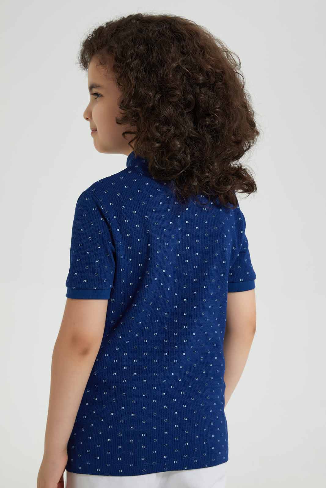 Redtag-Navy-Print-Collar-Stand-Polo-Polo-Shirts-Boys-2 to 8 Years
