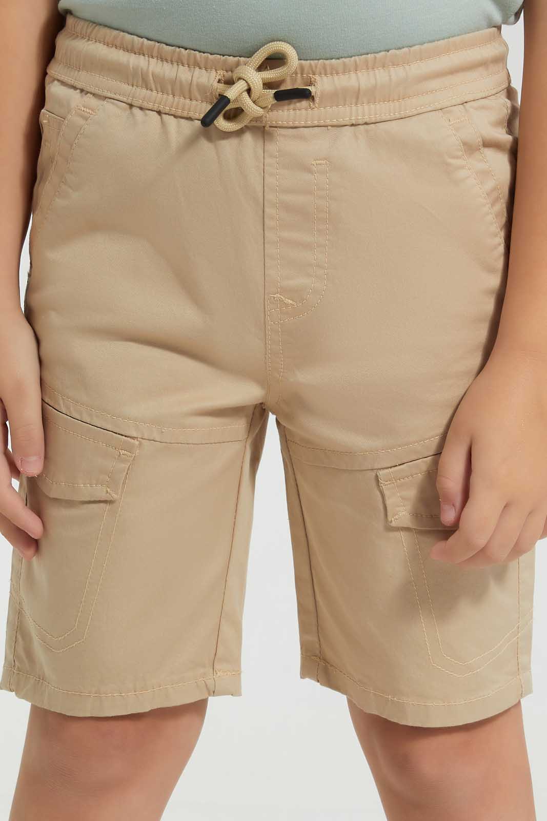Redtag-Beige-Cargo-Pocket-Pullon-Short-Pull-On-Shorts-Boys-2 to 8 Years