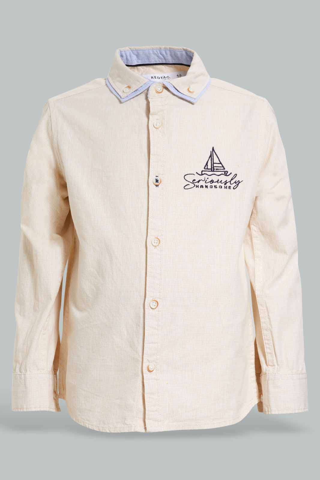 Redtag-Beige-Micro-Check-Double-Collar-Shirt-BOY-Shirts,-Category:Shirts,-Colour:Beige,-Deals:Sale,-Filter:Boys-(2-to-8-Yrs),-S22C,-Sale-BOY-APL,-Section:Boys-(0-to-14Yrs)-Boys-2 to 8 Years
