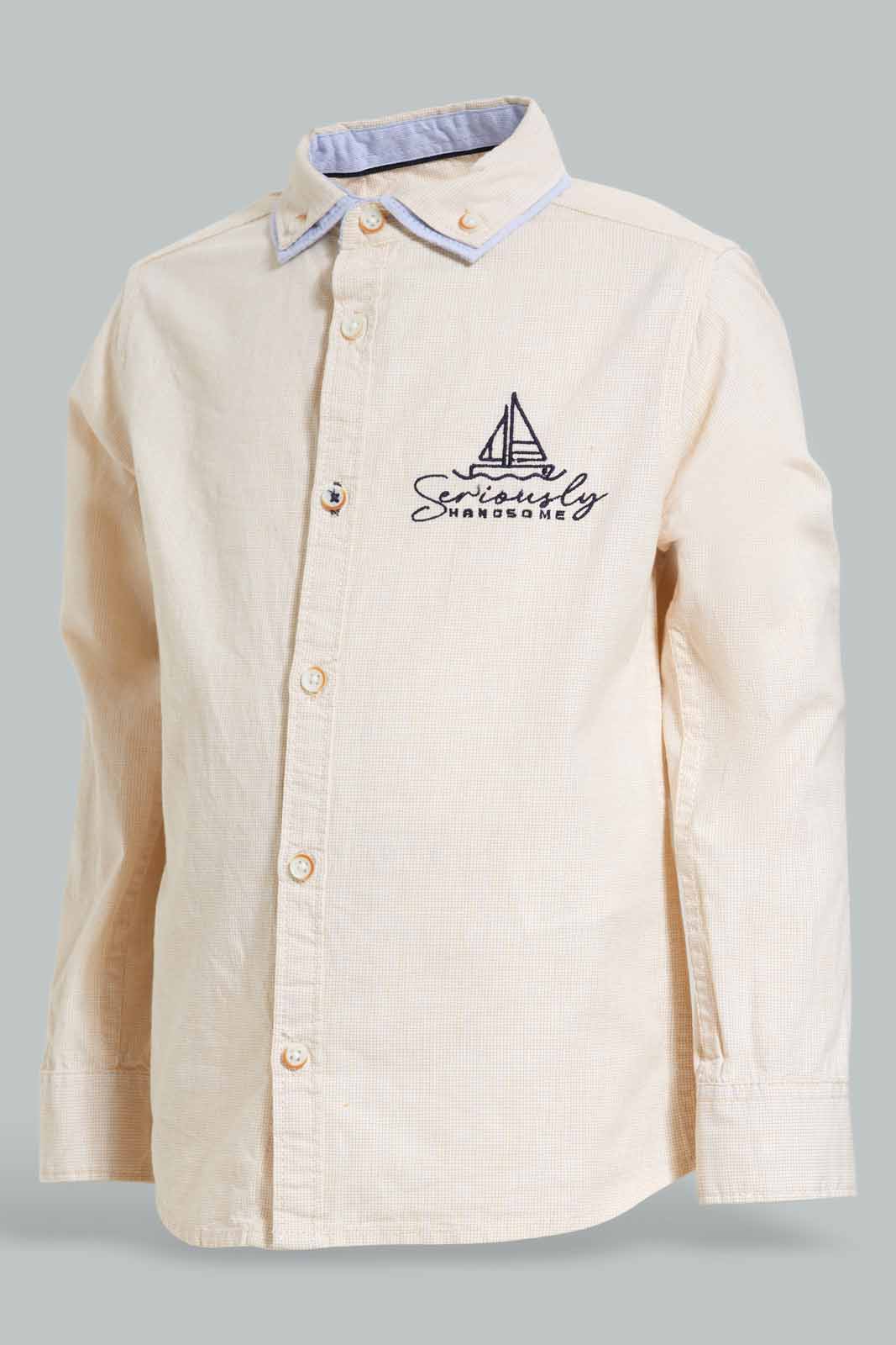 Redtag-Beige-Micro-Check-Double-Collar-Shirt-BOY-Shirts,-Category:Shirts,-Colour:Beige,-Deals:Sale,-Filter:Boys-(2-to-8-Yrs),-S22C,-Sale-BOY-APL,-Section:Boys-(0-to-14Yrs)-Boys-2 to 8 Years