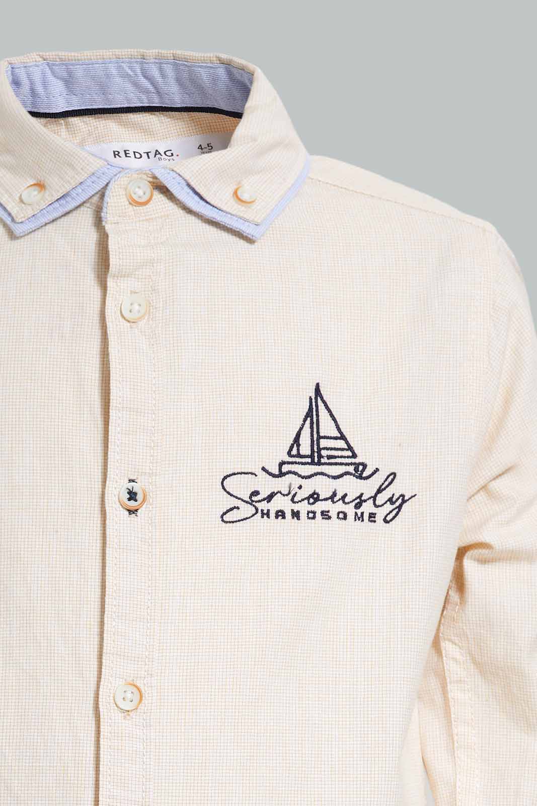 Redtag-Beige-Micro-Check-Double-Collar-Shirt-BOY-Shirts,-Category:Shirts,-Colour:Beige,-Deals:Sale,-Filter:Boys-(2-to-8-Yrs),-S22C,-Sale-BOY-APL,-Section:Boys-(0-to-14Yrs)-Boys-2 to 8 Years