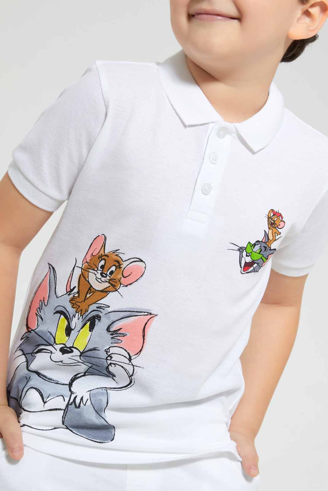 Redtag-White-Tom-And-Jerry-Polo-Polo-Shirts-Boys-2 to 8 Years