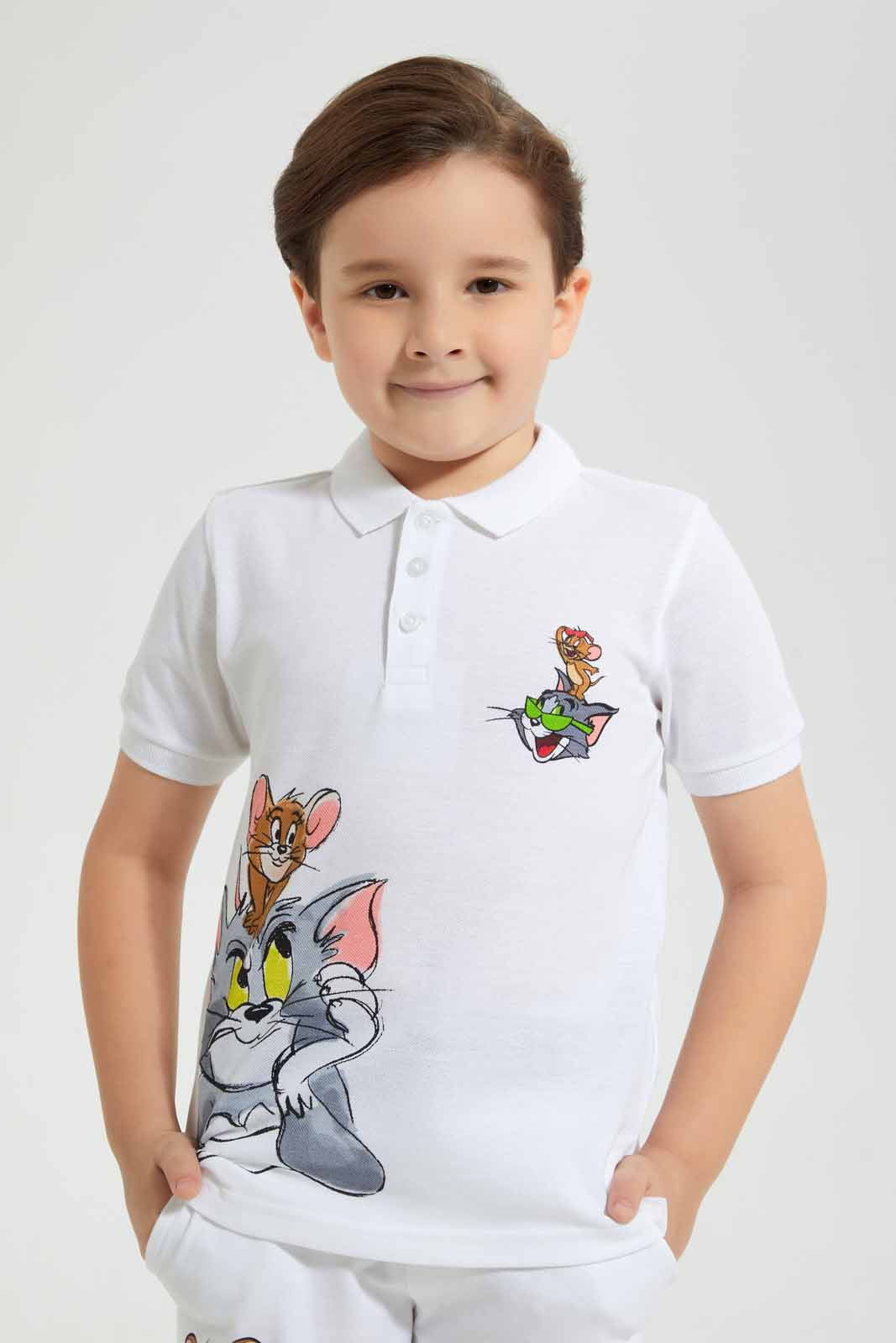 Redtag-White-Tom-And-Jerry-Polo-Polo-Shirts-Boys-2 to 8 Years