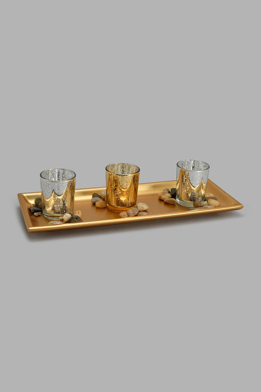 Gold Tray With Candle Holder Set (4 Piece）