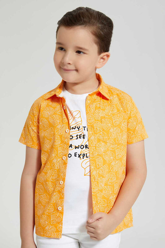 Redtag-Orange-Shirt-And-T-Shirt-Set-Casual-Shirts-Boys-2 to 8 Years