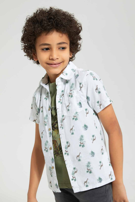 Redtag-White-Safari-Print-T-Shirt-And-Shirt-Set-Casual-Shirts-Boys-2 to 8 Years