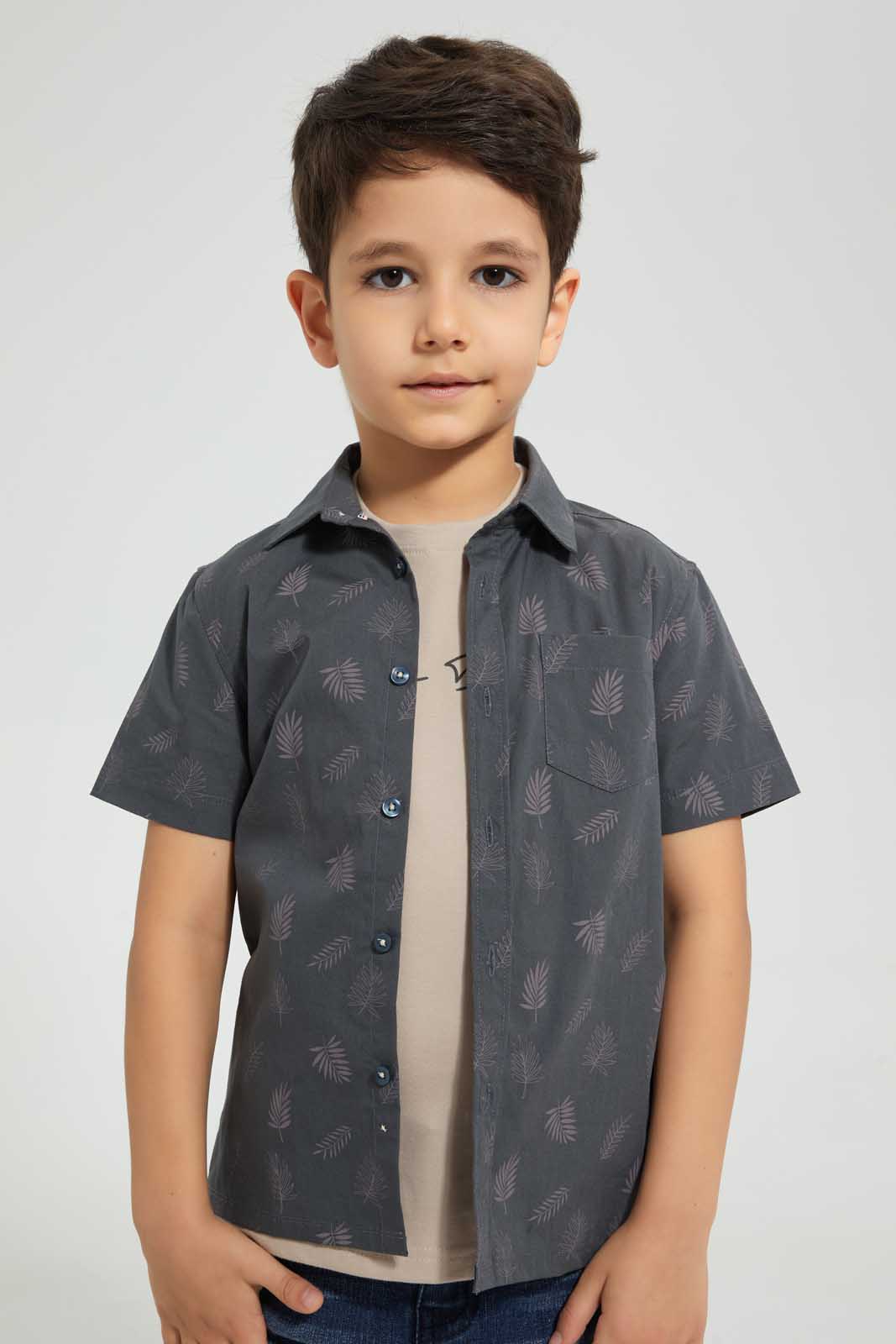 Redtag-Charcoal-Shirt-And-T-Shirt-Set-Casual-Shirts-Boys-2 to 8 Years