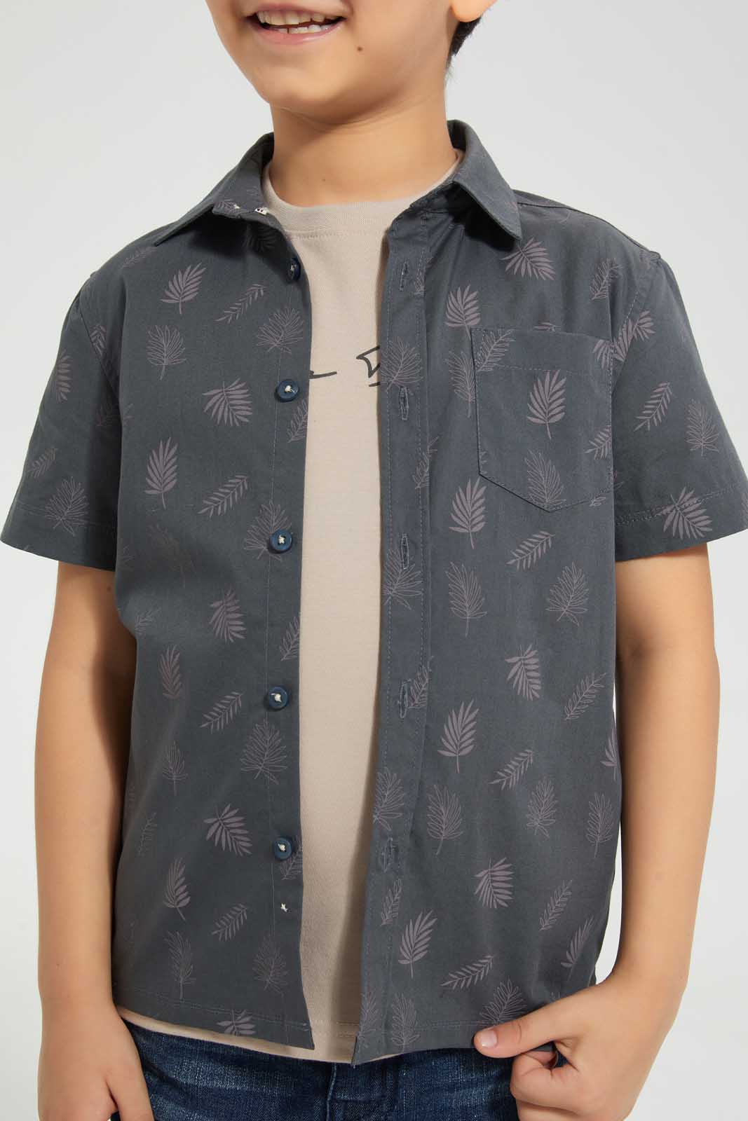 Redtag-Charcoal-Shirt-And-T-Shirt-Set-Casual-Shirts-Boys-2 to 8 Years