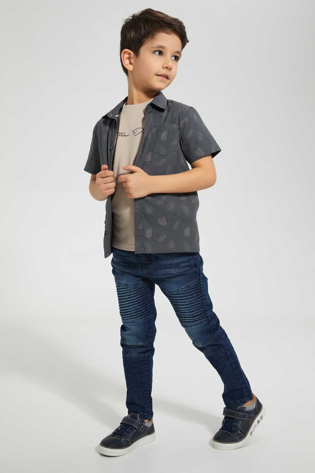 Redtag-Charcoal-Shirt-And-T-Shirt-Set-Casual-Shirts-Boys-2 to 8 Years