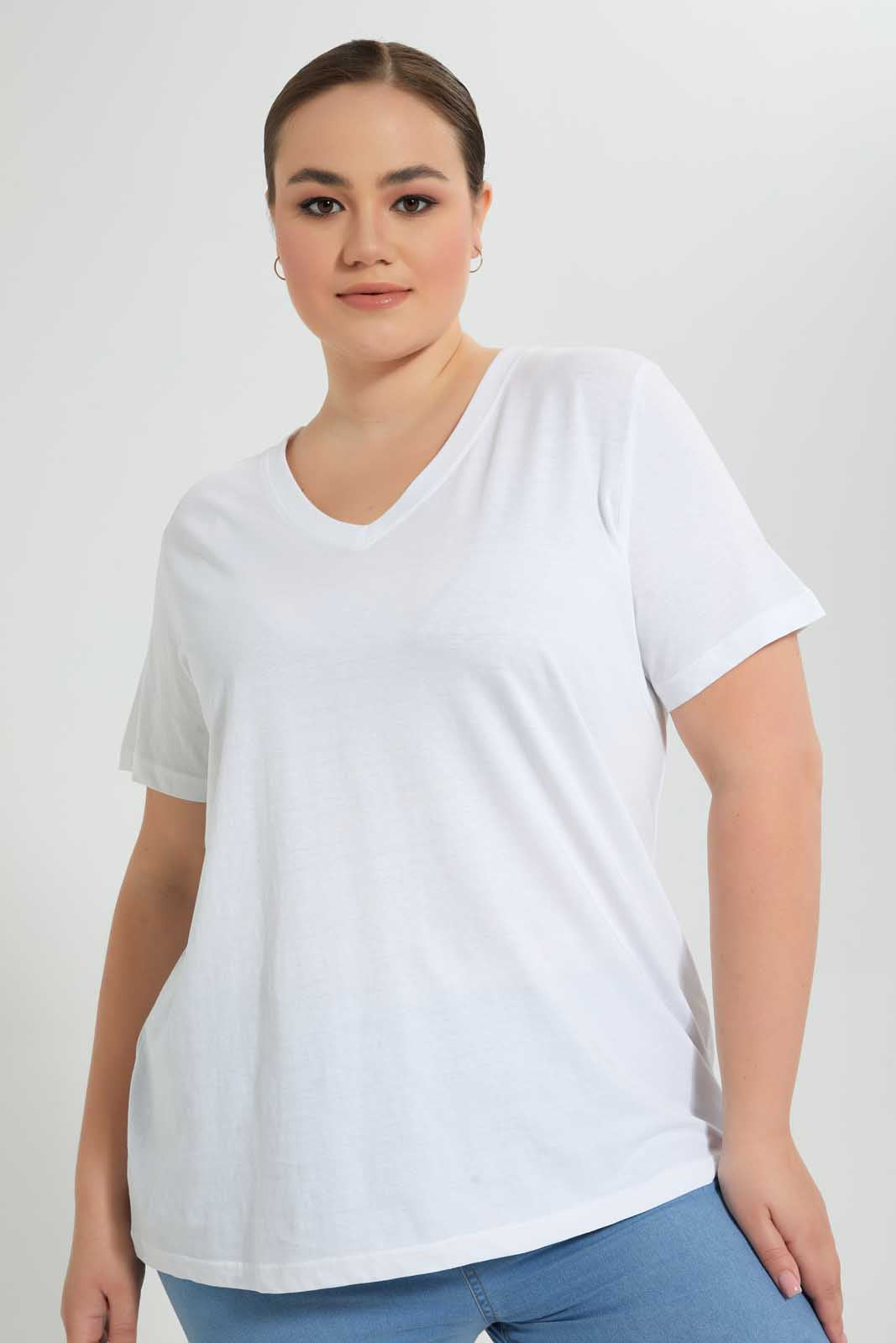 Redtag-White-S/S-V-Neck-T-Shirt-V-Neck-T-Shirts-Women's-