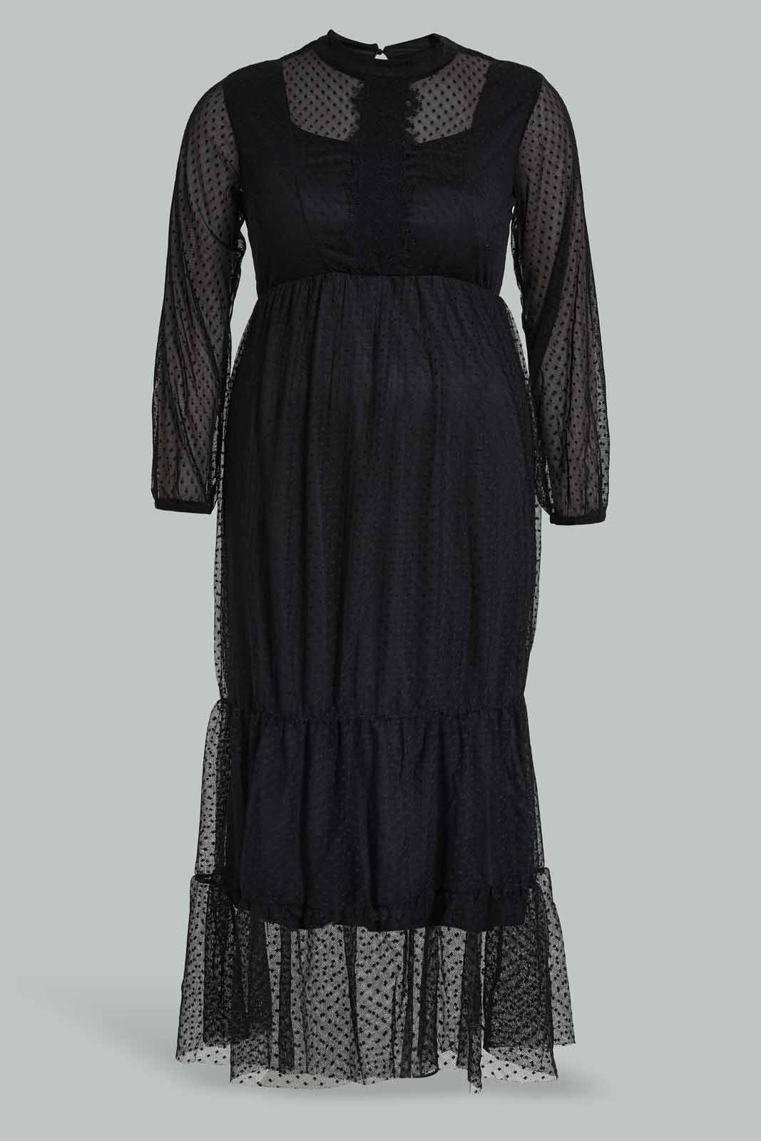 Redtag-Black-Lace-Detail-Dobby-Mesh-Midi-Dress-Category:Dresses,-Colour:Black,-Filter:Plus-Size,-LDP-Dresses,-New-In,-New-In-LDP-APL,-Non-Sale,-S22D,-Section:Women-Women's-