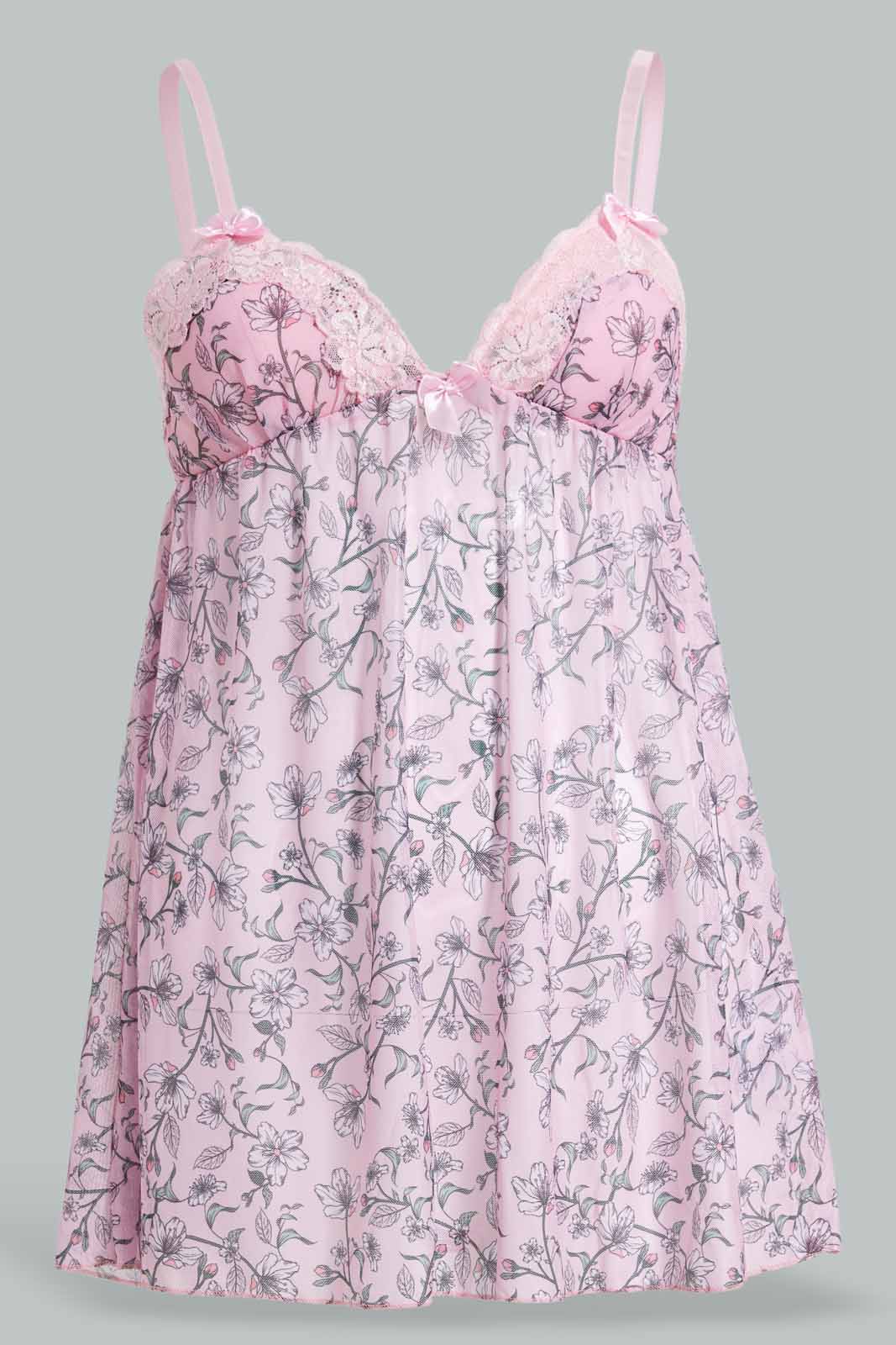 Redtag-Pink-Floral-Printed-Babydoll-With-Thong-Category:Babydolls,-Colour:Apricot,-Deals:New-In,-Filter:Women's-Clothing,-New-In-Women-APL,-Non-Sale,-S22D,-Section:Women,-Women-Babydolls--