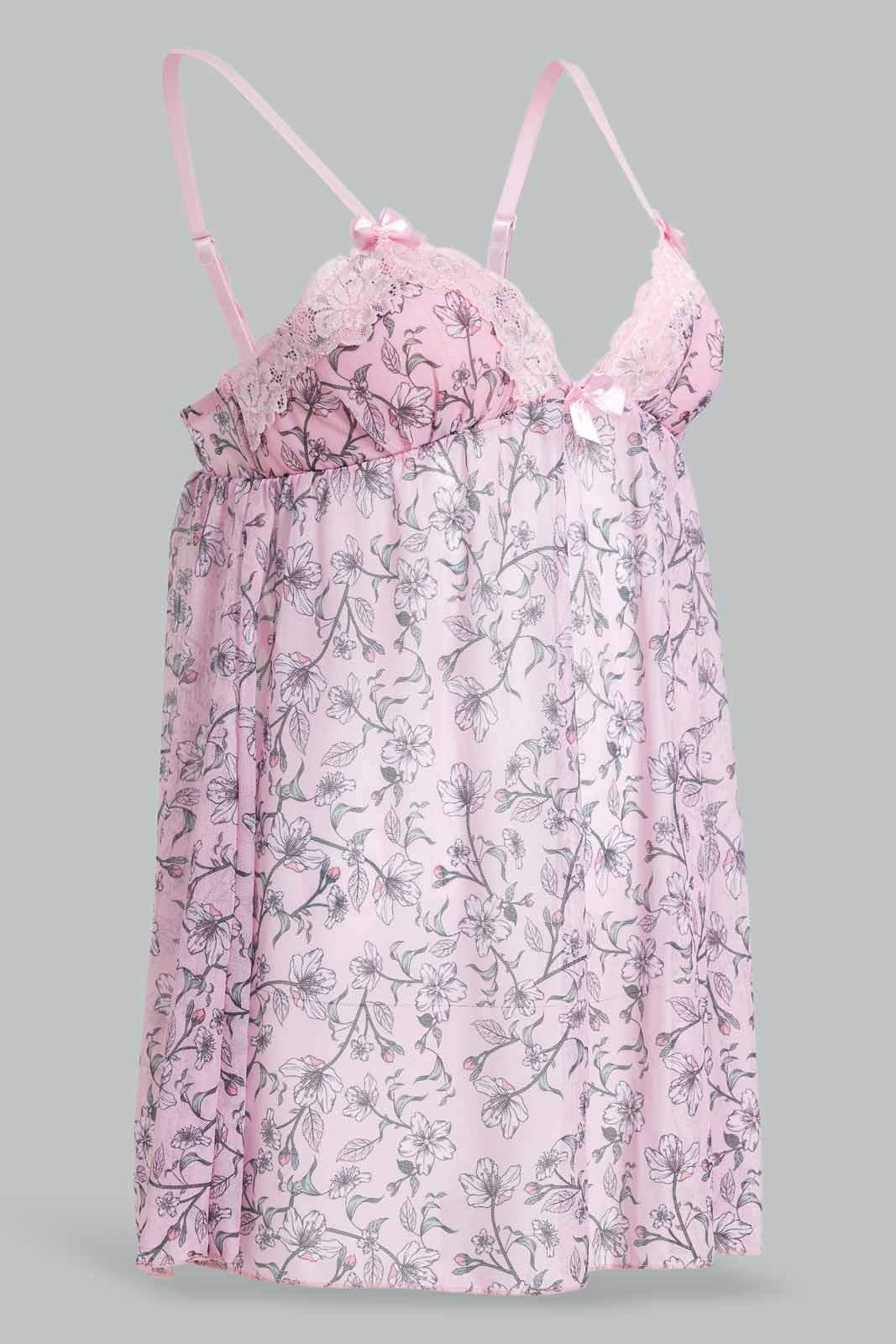 Redtag-Pink-Floral-Printed-Babydoll-With-Thong-Category:Babydolls,-Colour:Apricot,-Deals:New-In,-Filter:Women's-Clothing,-New-In-Women-APL,-Non-Sale,-S22D,-Section:Women,-Women-Babydolls--