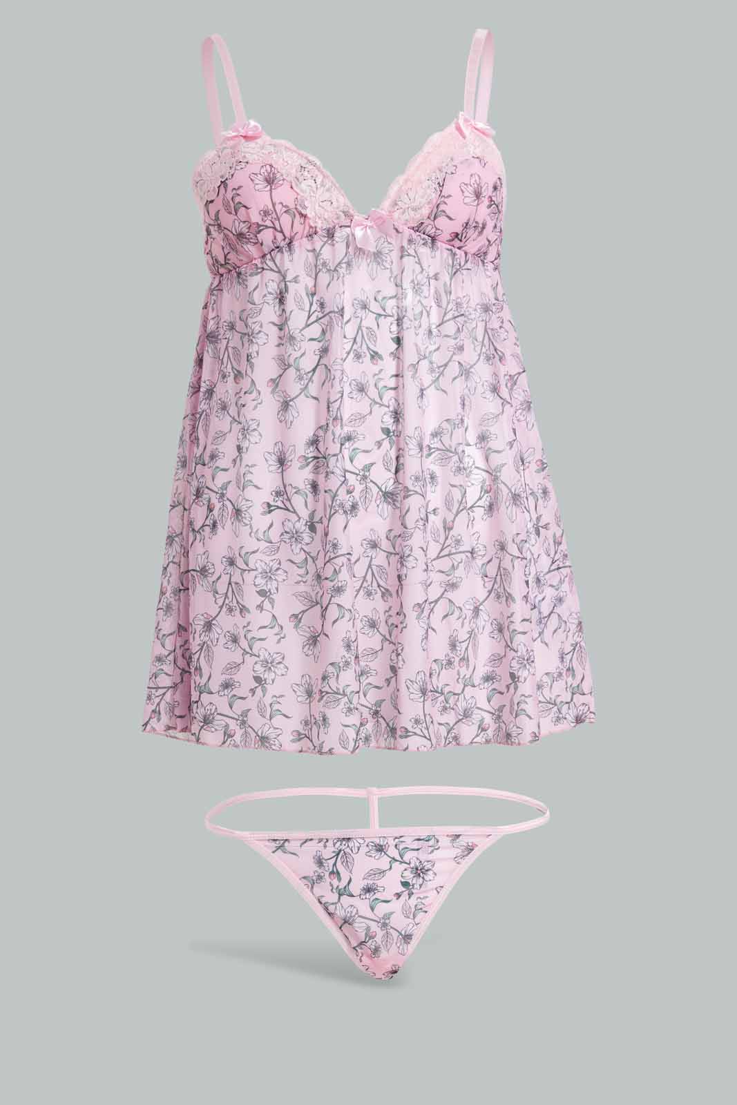 Redtag-Pink-Floral-Printed-Babydoll-With-Thong-Category:Babydolls,-Colour:Apricot,-Deals:New-In,-Filter:Women's-Clothing,-New-In-Women-APL,-Non-Sale,-S22D,-Section:Women,-Women-Babydolls--