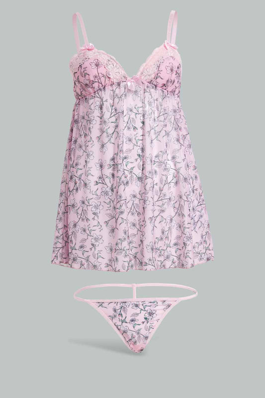 Redtag-Pink-Floral-Printed-Babydoll-With-Thong-Category:Babydolls,-Colour:Apricot,-Deals:New-In,-Filter:Women's-Clothing,-New-In-Women-APL,-Non-Sale,-S22D,-Section:Women,-Women-Babydolls--