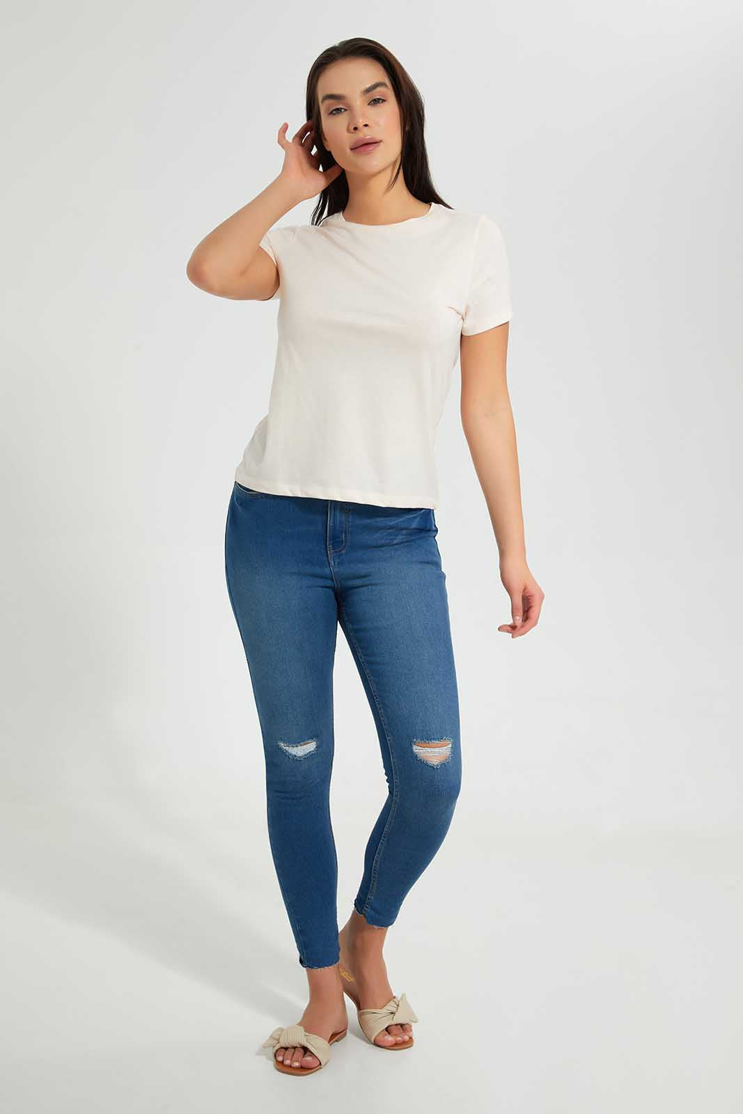 Redtag-Blue-Skinny-Mid-Waist-Jegging-With-Distress-Effect-Category:Jeggings,-Colour:Blue,-Deals:Sale,-Filter:Women's-Clothing,-S22C,-Sale-Women-APL,-Section:Women,-Women-Jeggings-Women's-