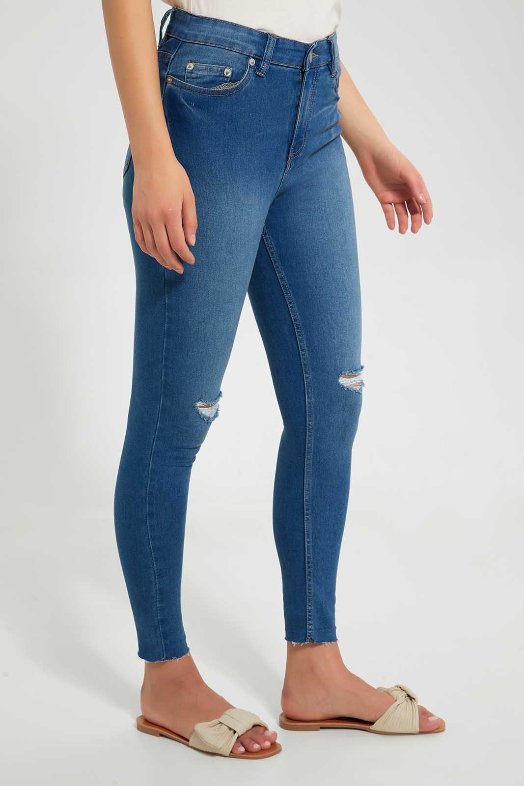 Redtag-Blue-Skinny-Mid-Waist-Jegging-With-Distress-Effect-Category:Jeggings,-Colour:Blue,-Deals:Sale,-Filter:Women's-Clothing,-S22C,-Sale-Women-APL,-Section:Women,-Women-Jeggings-Women's-