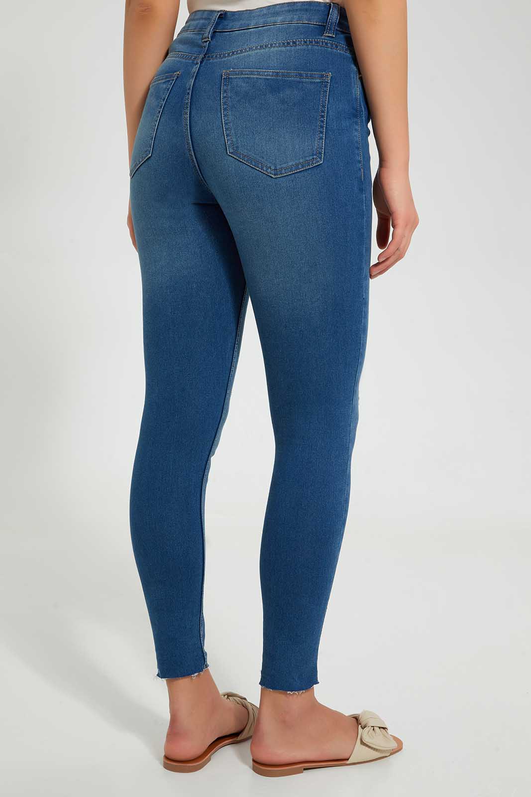 Redtag-Blue-Skinny-Mid-Waist-Jegging-With-Distress-Effect-Category:Jeggings,-Colour:Blue,-Deals:Sale,-Filter:Women's-Clothing,-S22C,-Sale-Women-APL,-Section:Women,-Women-Jeggings-Women's-
