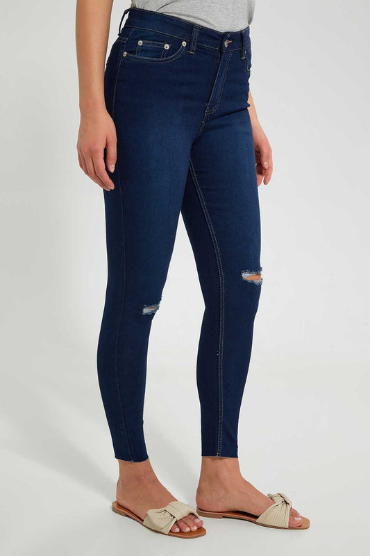 Redtag-Navy-Skinny-Mid-Waist-Jean-With-Distress-Effect-Category:Jeggings,-Colour:Navy,-Deals:Sale,-Filter:Women's-Clothing,-S22C,-Sale-Women-APL,-Section:Women,-Women-Jeggings-Women's-