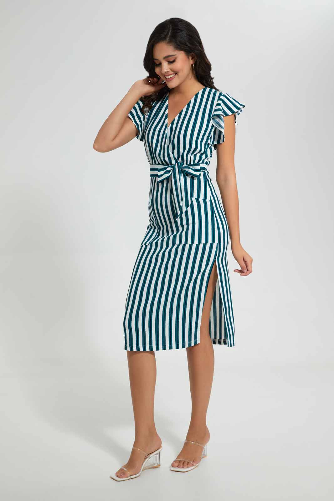 Redtag-Assorted-Stripe-Print-Wrap-Midi-Dress-Dresses-Women's-