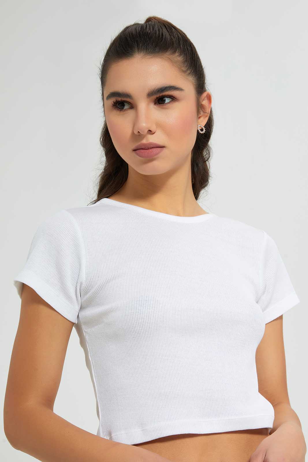 White Ribbed Crop T-Shirt