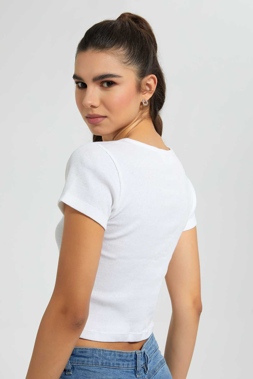 White Ribbed Crop T-Shirt