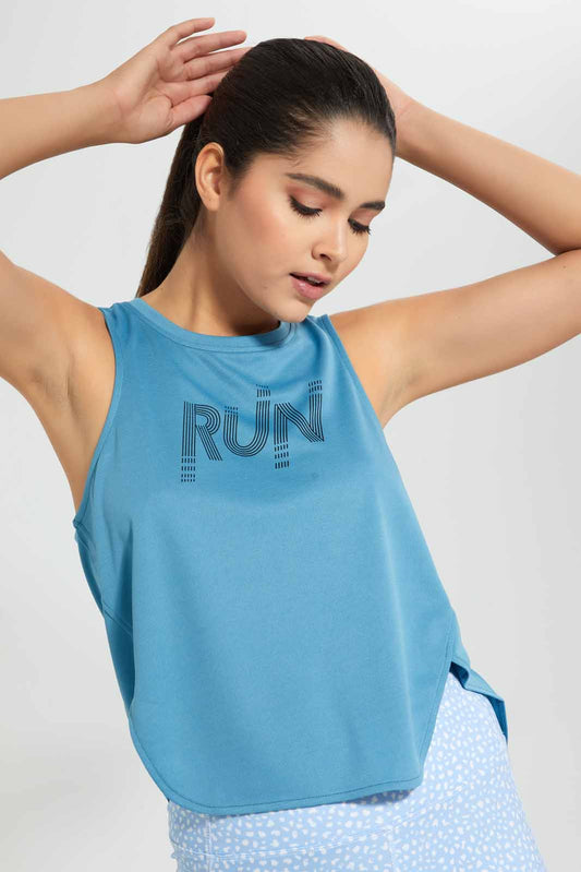 Blue Sleeveless Placement Print Active T-Shirt