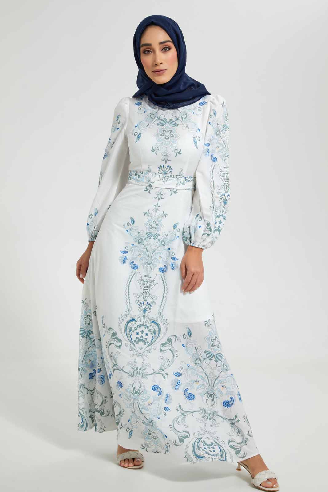 Redtag-White-Blue-Printed-Dress-Dresses-Women's-
