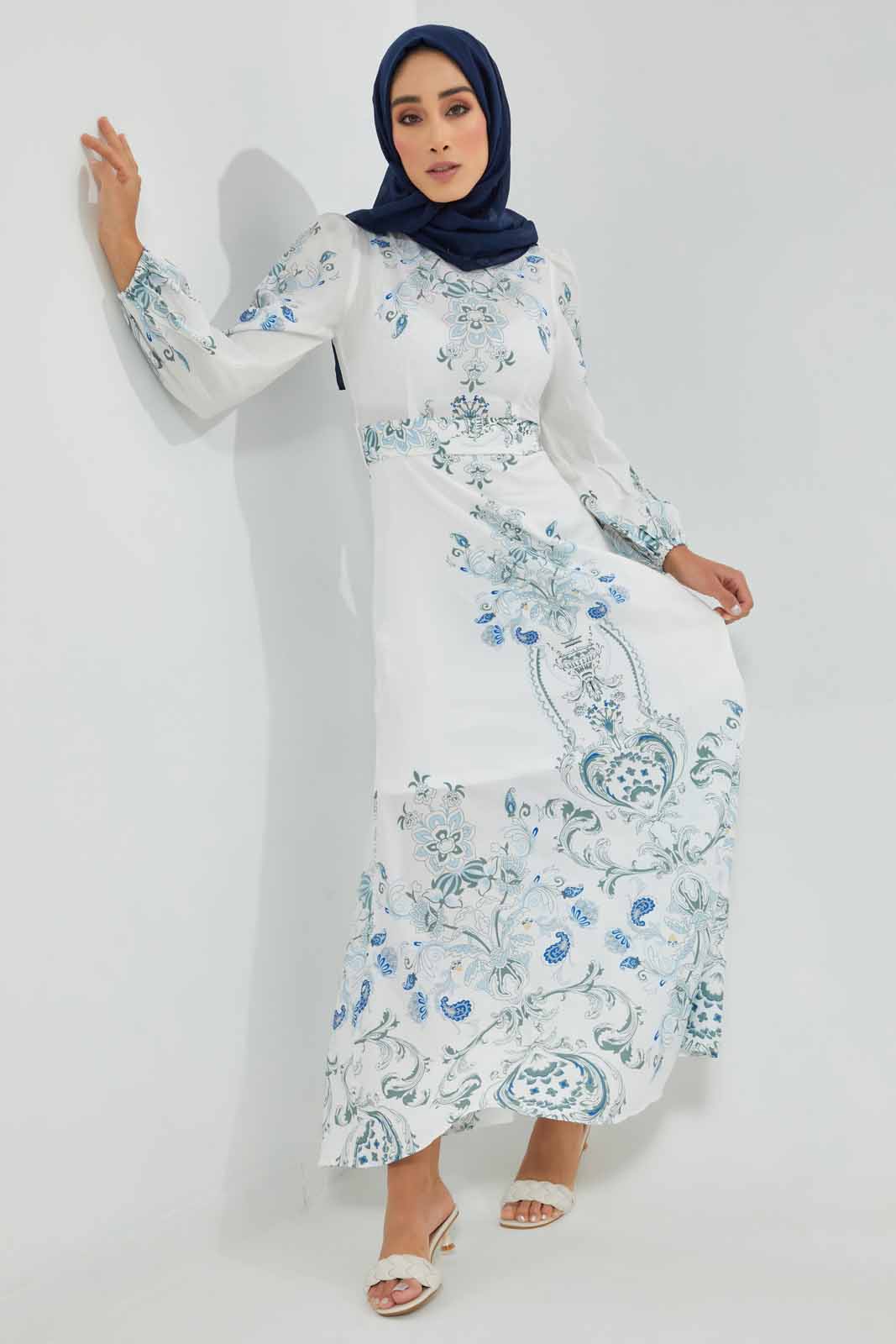 Redtag-White-Blue-Printed-Dress-Dresses-Women's-