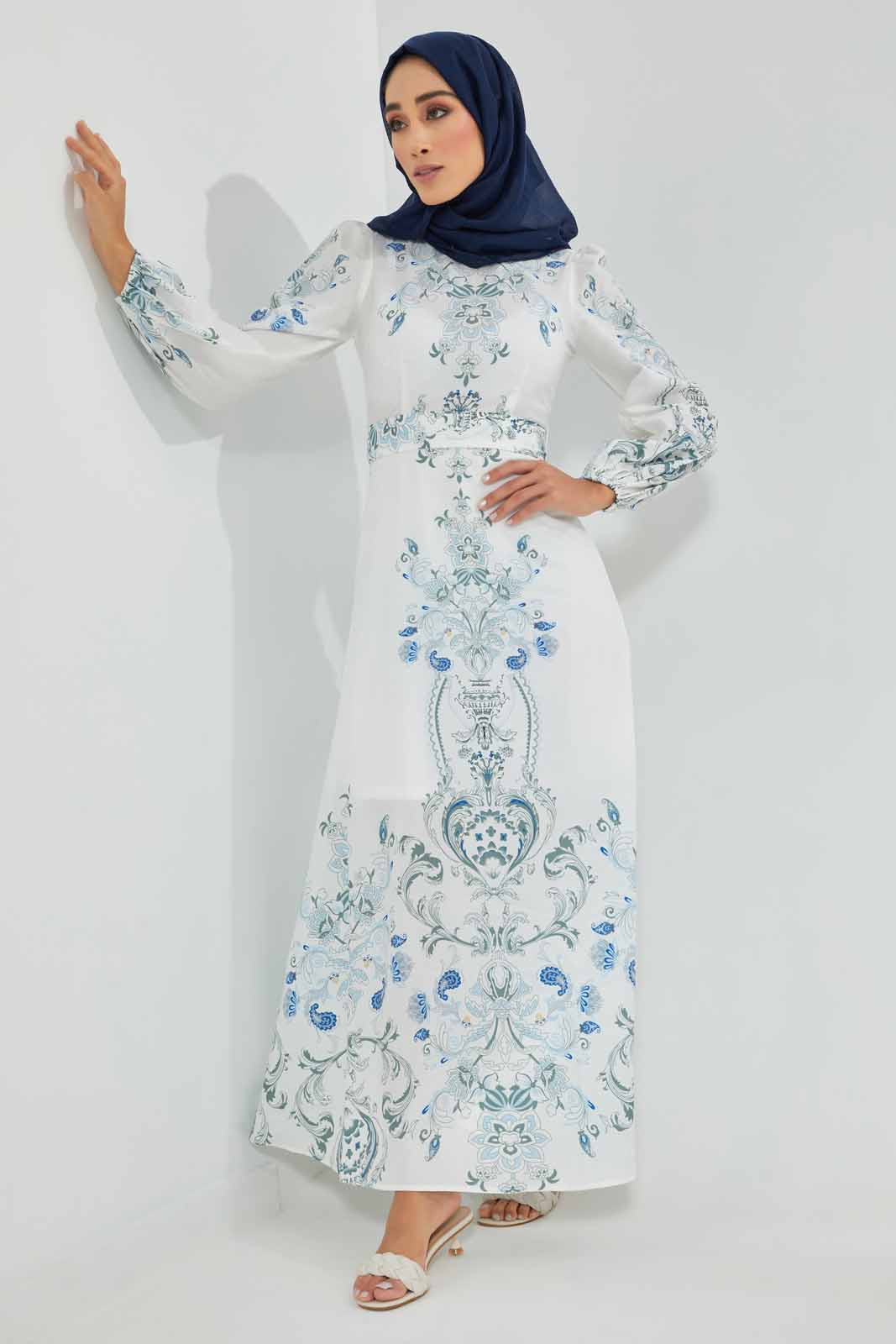 Redtag-White-Blue-Printed-Dress-Dresses-Women's-