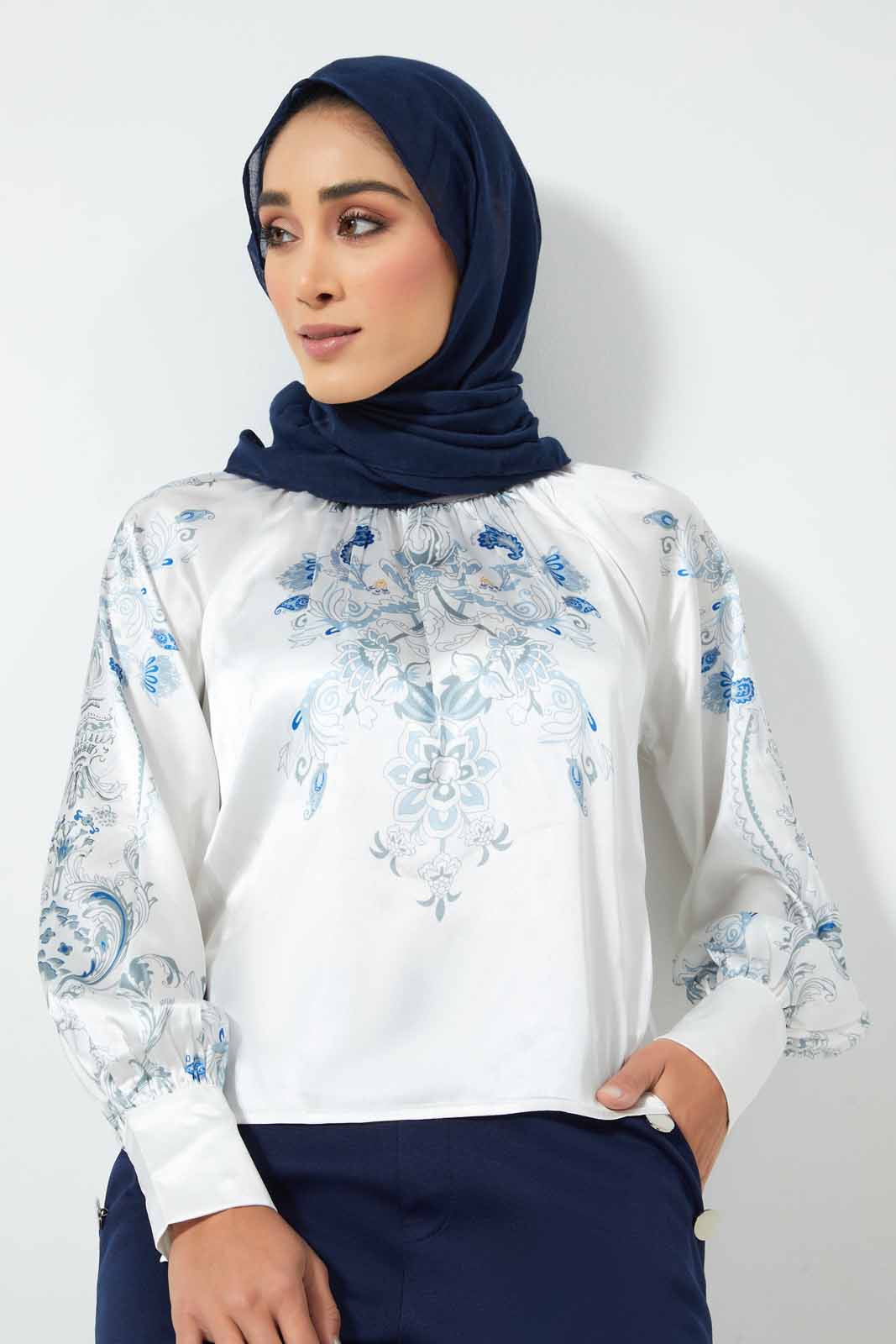 Redtag-White-Blue-Printed-Blouse-Blouses-Women's-
