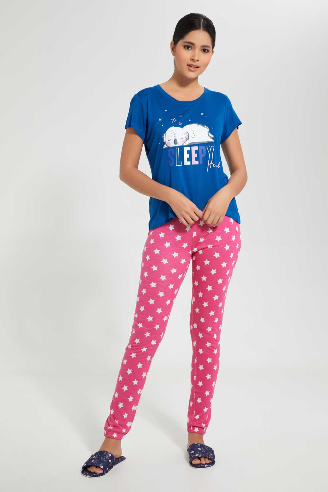 Redtag-Navy-Sleepy-Head-Printed-Pyjama-Set-Pyjama-Sets-Women's-