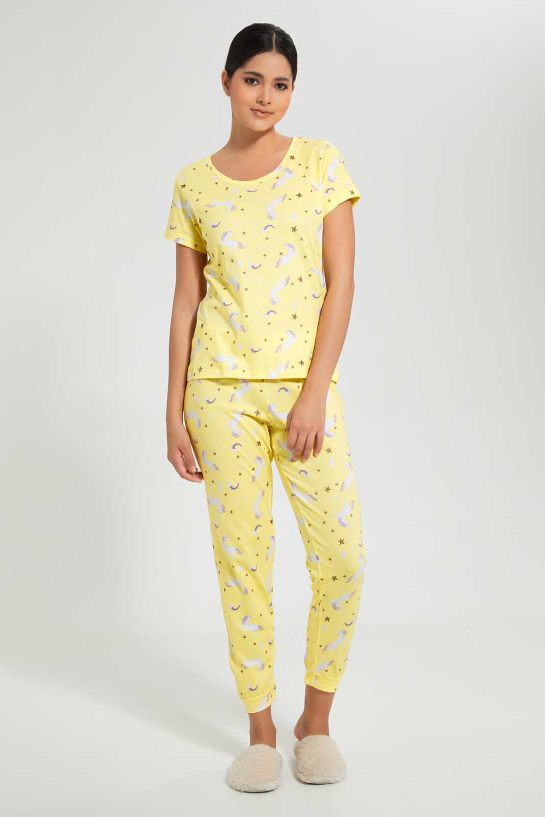 Redtag-Yellow-Allover-Printed-Pyjama-Set-Pyjama-Sets-Women's-