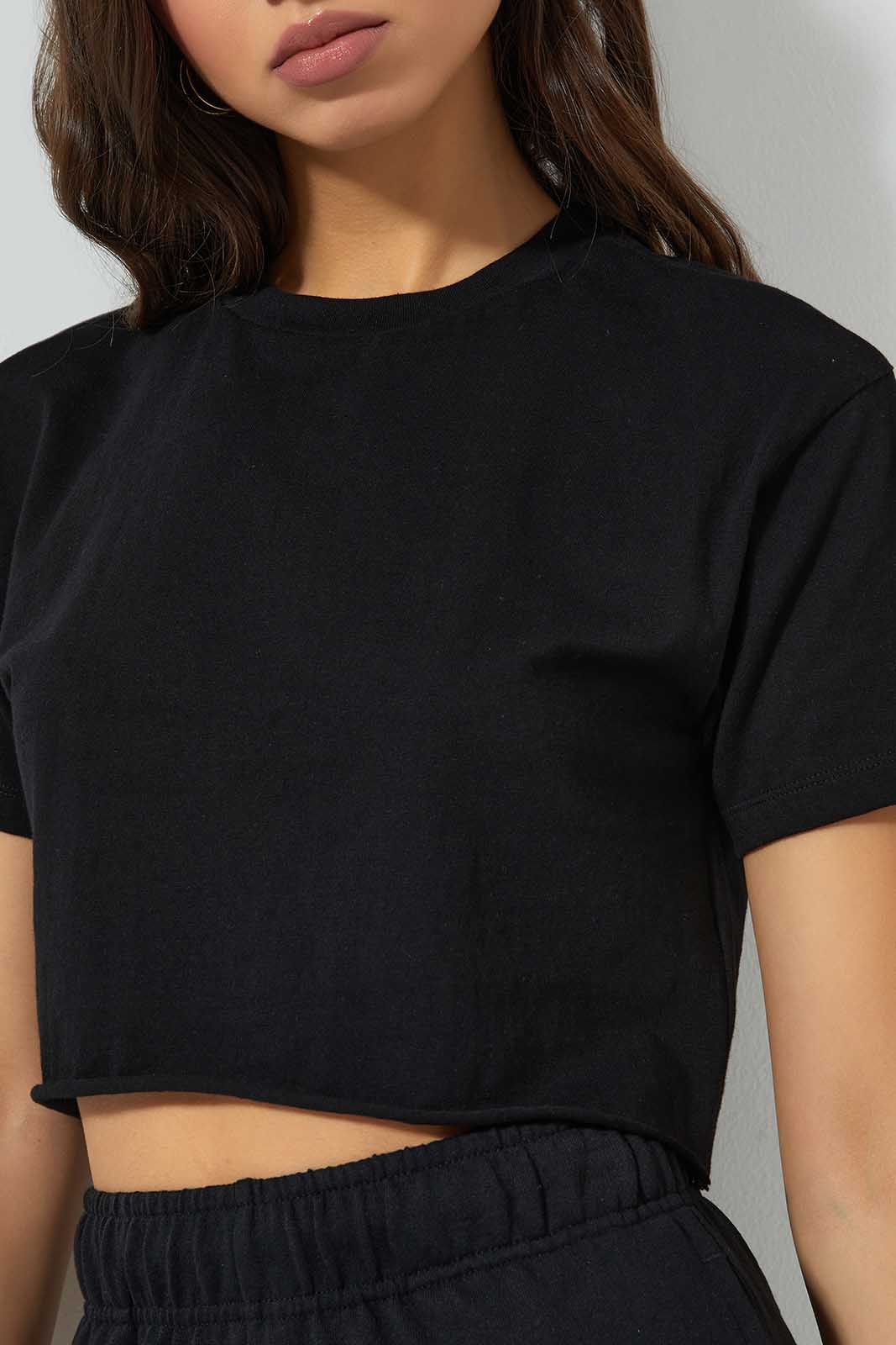 Redtag-Black-Boxy-Cropped-T-Shirt-Plain-Women's-
