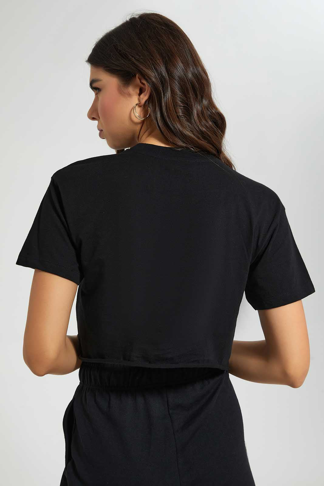 Redtag-Black-Boxy-Cropped-T-Shirt-Plain-Women's-